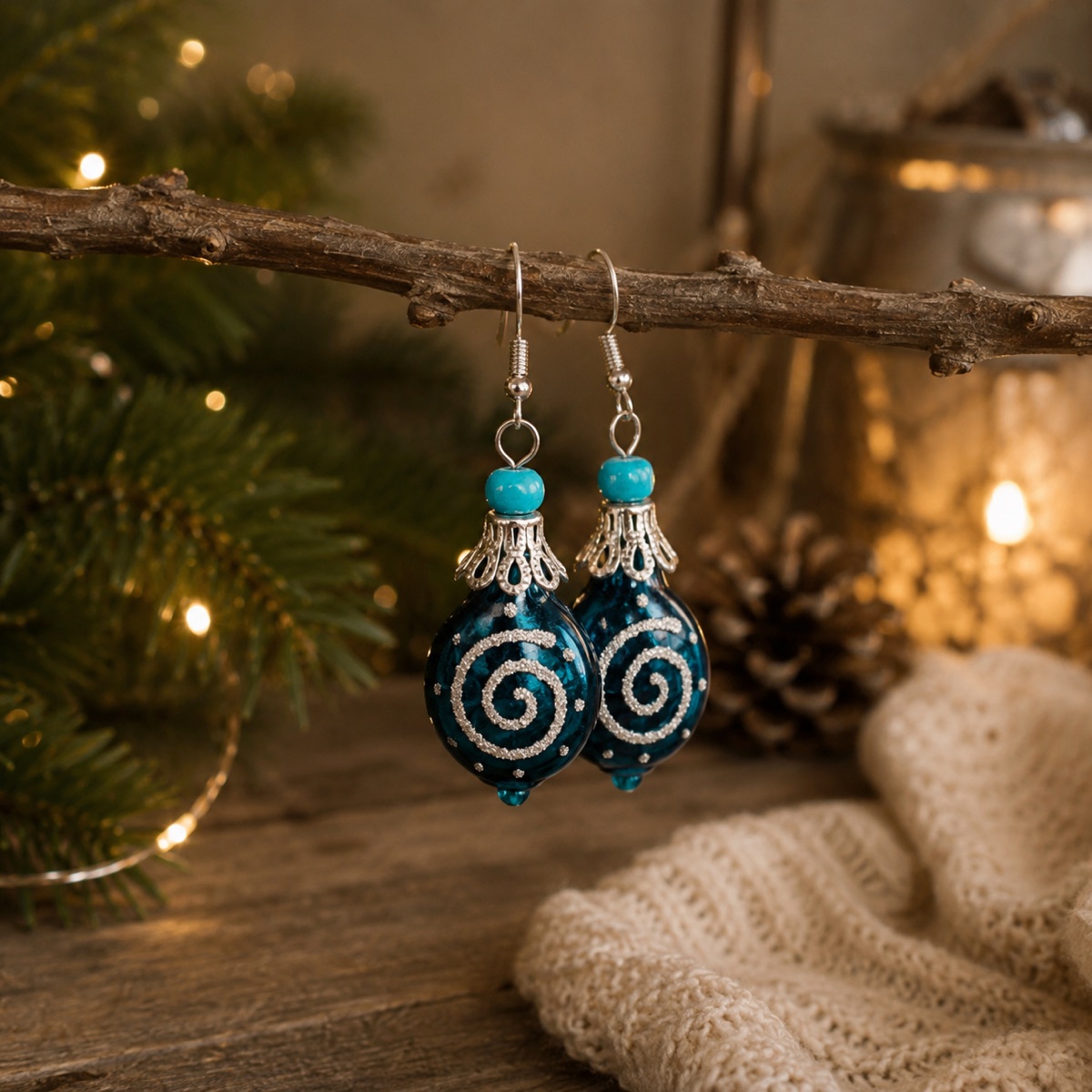 Par de aretes de esfera azul turquesa con espiral